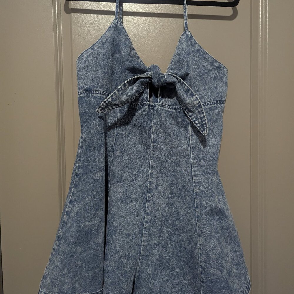Women's Vintage Bowknot Spaghetti Strap Wide Leg Denim Romper